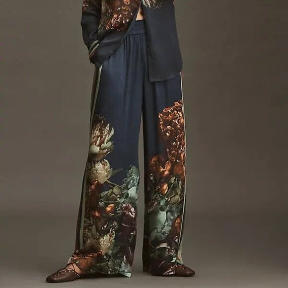 Anthropologie Pants - Anthropologie Conditions Apply Imara Satin Wide-Leg Pants Blue Floral MP NWT M P